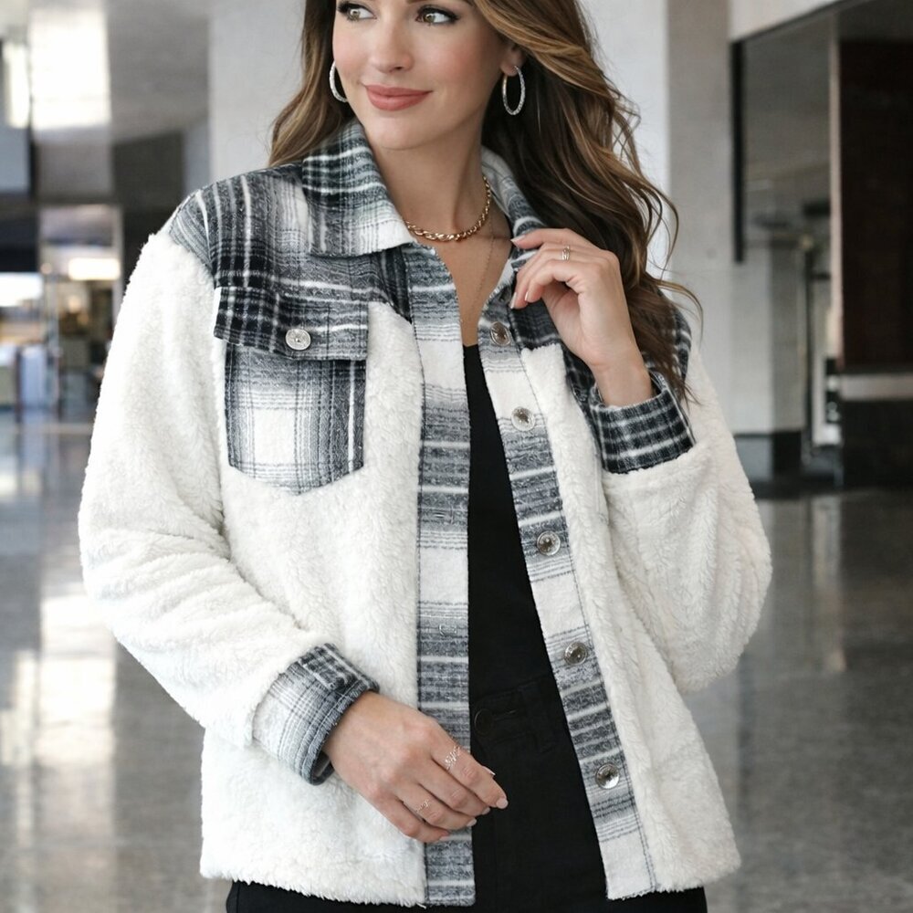 Cream Sherpa Plaid Shacket Teddy Fleece Button Down Jacket Patchwork Cozy Fall L